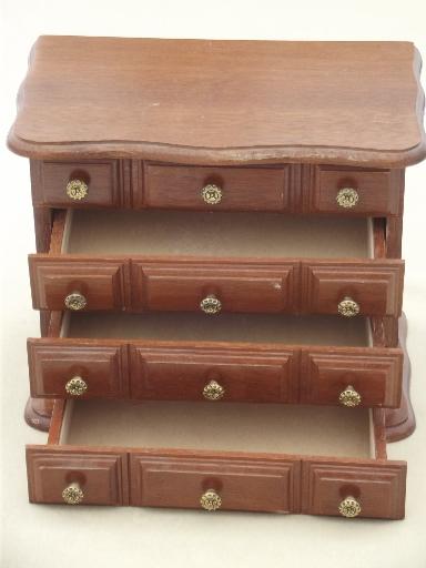 photo of vintage jewelry boxes, two wood chests w/ tiny velvet lined drawers #10
