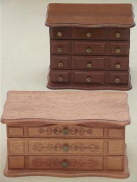 catalog photo of vintage jewelry boxes, two wood chests w/ tiny velvet lined drawers