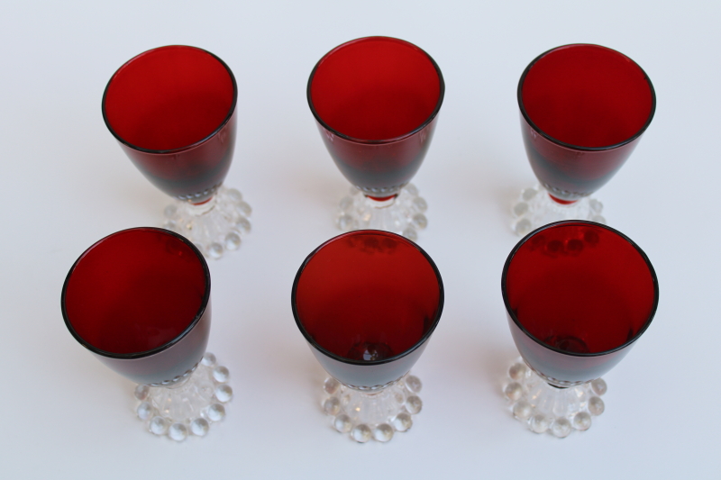 photo of vintage juice glasses, royal ruby red w/ clear foot Anchor Hocking boopie pattern  #2