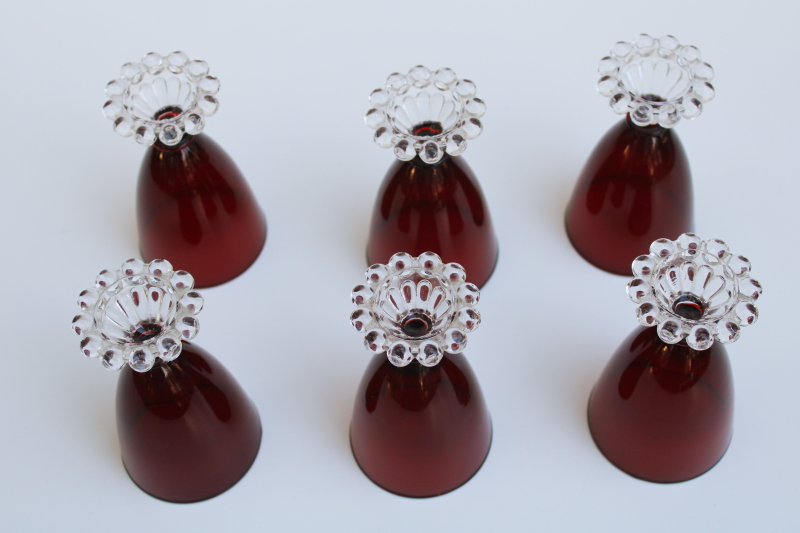 photo of vintage juice glasses, royal ruby red w/ clear foot Anchor Hocking boopie pattern  #3
