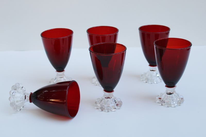photo of vintage juice glasses, royal ruby red w/ clear foot Anchor Hocking boopie pattern  #4