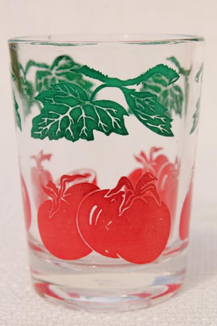 photo of vintage juice glasses set w/ red tomato print, glass tumblers from cheese or jelly jars #3
