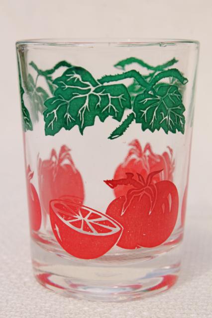 photo of vintage juice glasses set w/ red tomato print, glass tumblers from cheese or jelly jars #4