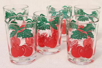 catalog photo of vintage juice glasses set w/ red tomato print, glass tumblers from cheese or jelly jars