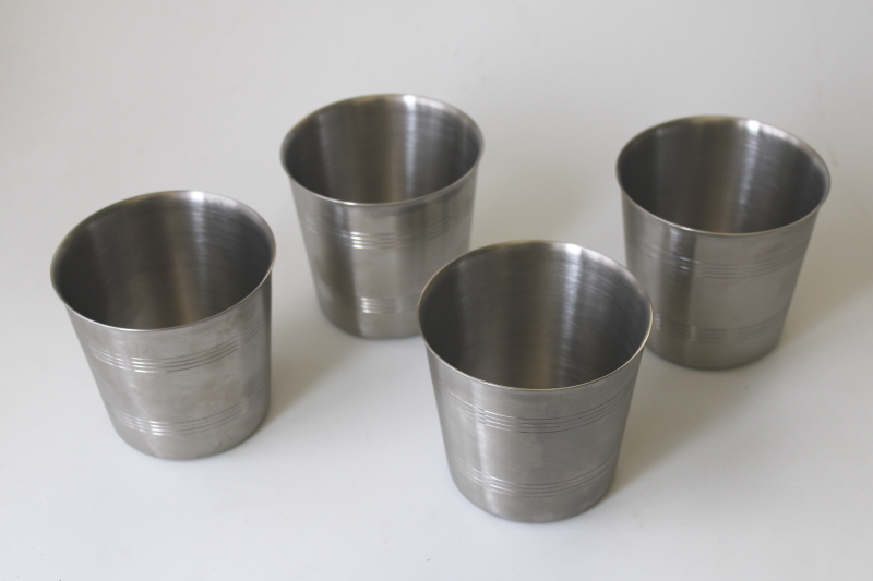 photo of vintage julep cups or beer glasses, pewter look heavy stainless tumblers, crown & cross hallmark  #1