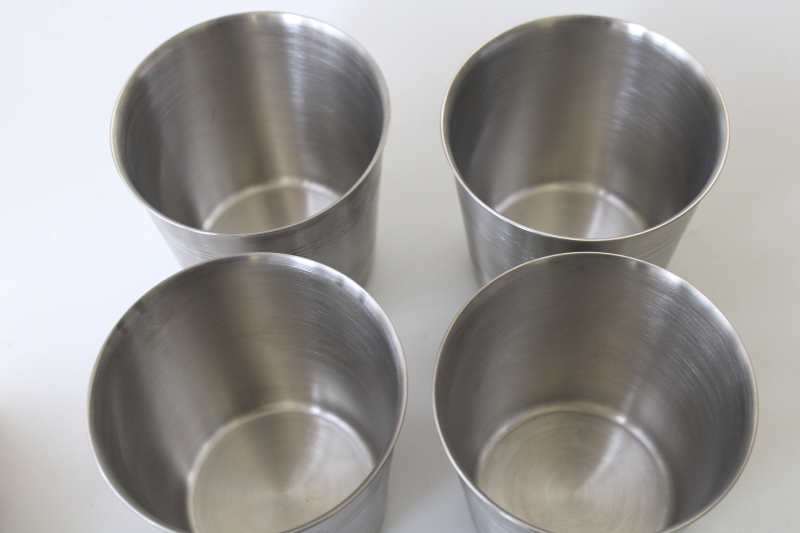 photo of vintage julep cups or beer glasses, pewter look heavy stainless tumblers, crown & cross hallmark  #2