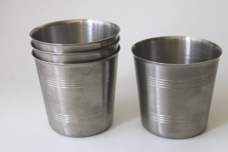 photo of vintage julep cups or beer glasses, pewter look heavy stainless tumblers, crown & cross hallmark  #5