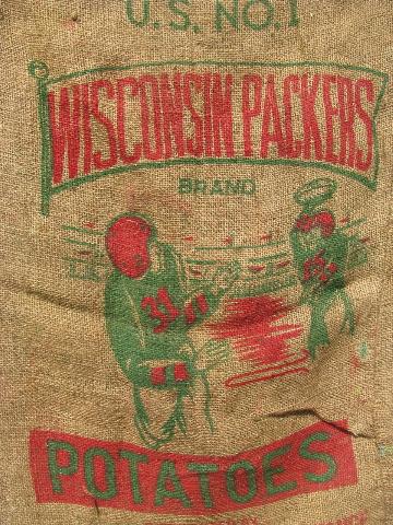 photo of vintage jute potato bag, burlap sack w/ Wisconsin Packers football graphics #2