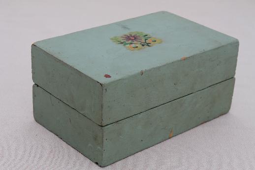 photo of vintage keepsake box, shabby painted wooden box w/ old floral decal on green #1