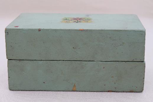 photo of vintage keepsake box, shabby painted wooden box w/ old floral decal on green #2