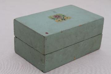 catalog photo of vintage keepsake box, shabby painted wooden box w/ old floral decal on green