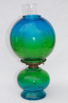 catalog photo of vintage kero oil lamp, gone with the wind parlor lamp w/ blue green tinted glass globe shade