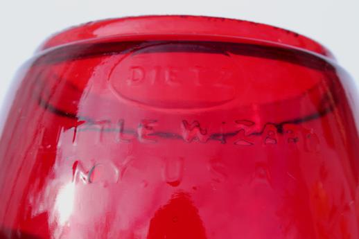 photo of vintage kerosene lantern globe, Dietz Little Wizard red replacement glass shade #7