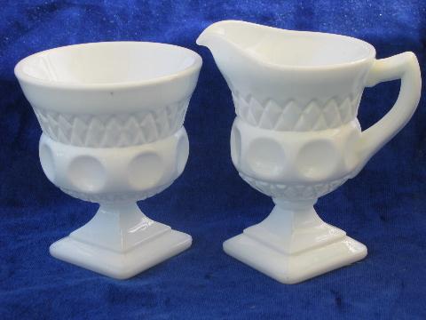 photo of vintage king's crown pattern milk glass cream pitcher & sugar bowl #1