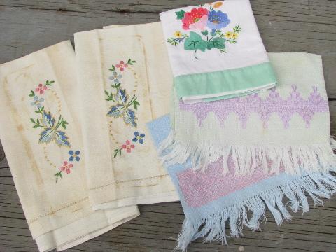 photo of vintage kitchen and powder room towels lot, florals and huck embroidery #3