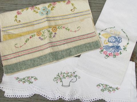 photo of vintage kitchen and powder room towels lot, florals and huck embroidery #4