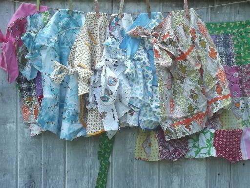 photo of vintage kitchen aprons, pretty cotton print & gingham checked half apron lot #1