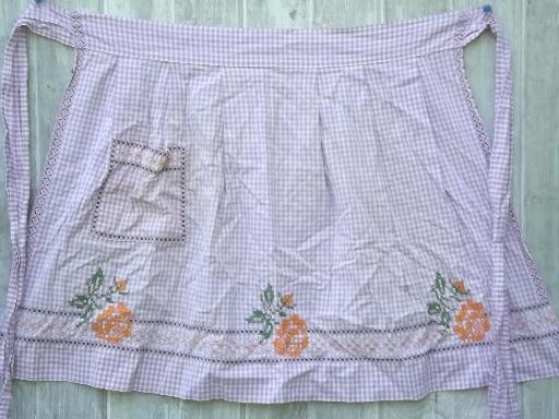 photo of vintage kitchen aprons, pretty cotton print & gingham checked half apron lot  #7