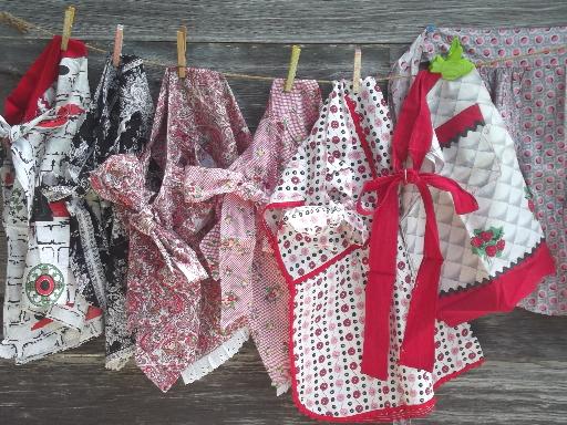 photo of vintage kitchen aprons, pretty cotton print & gingham checked half apron lot #1