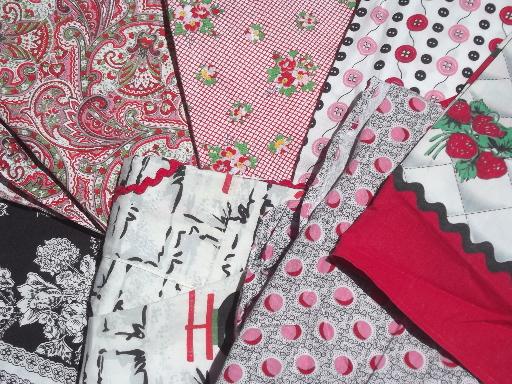 photo of vintage kitchen aprons, pretty cotton print & gingham checked half apron lot #9