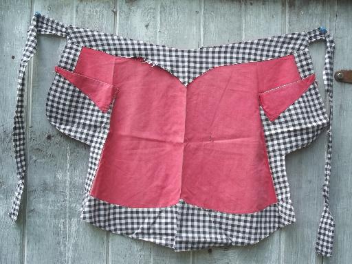 photo of vintage kitchen aprons, pretty cotton print & gingham checked half apron lot #7