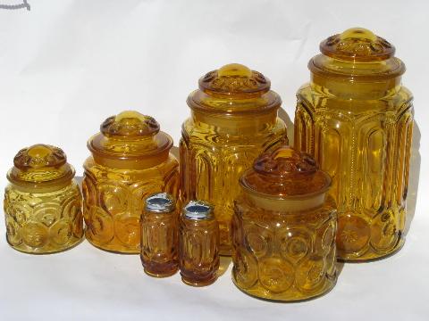 photo of vintage kitchen canister jars & shakers set, moon & stars pattern amber glass #1