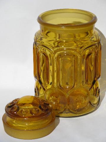 photo of vintage kitchen canister jars & shakers set, moon & stars pattern amber glass #3