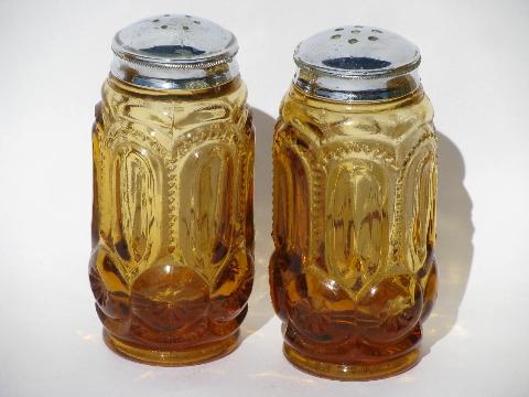 photo of vintage kitchen canister jars & shakers set, moon & stars pattern amber glass #4