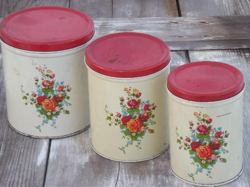 photo of vintage kitchen canister tins, painted metal cansister set w/ flowers #1