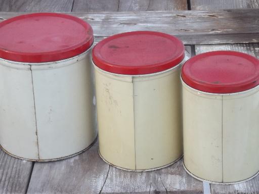 photo of vintage kitchen canister tins, painted metal cansister set w/ flowers #2