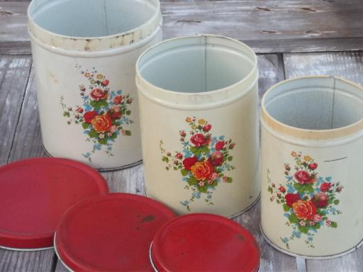 photo of vintage kitchen canister tins, painted metal cansister set w/ flowers #3