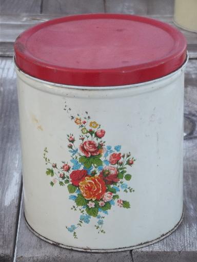 photo of vintage kitchen canister tins, painted metal cansister set w/ flowers #4