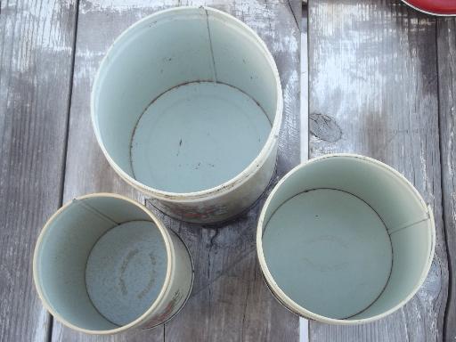 photo of vintage kitchen canister tins, painted metal cansister set w/ flowers #5