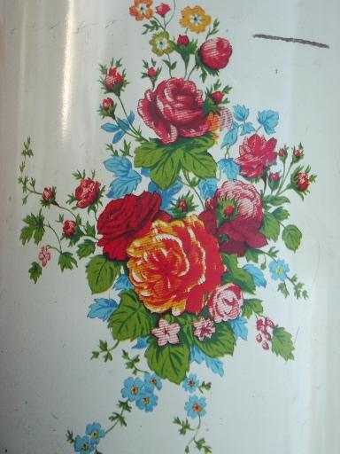 photo of vintage kitchen canister tins, painted metal cansister set w/ flowers #8