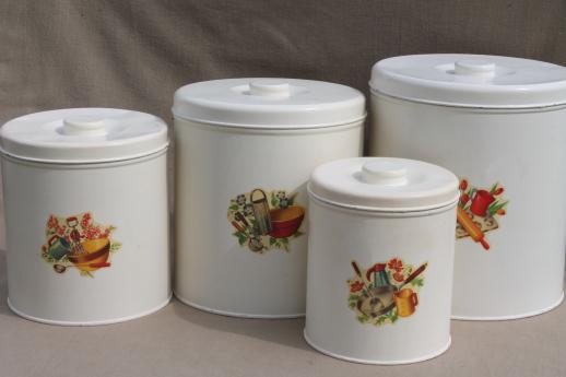 photo of vintage kitchen canisters, metal canister set, tins w/ cute retro decals #3