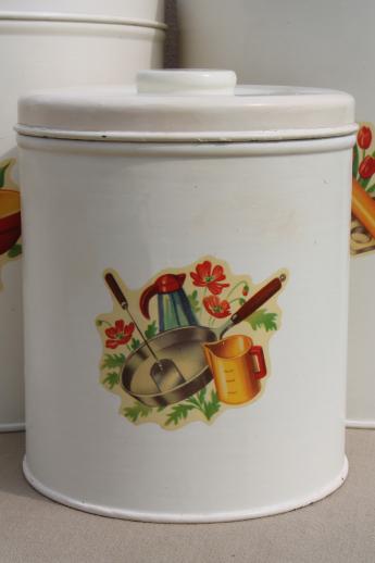 photo of vintage kitchen canisters, metal canister set, tins w/ cute retro decals #4