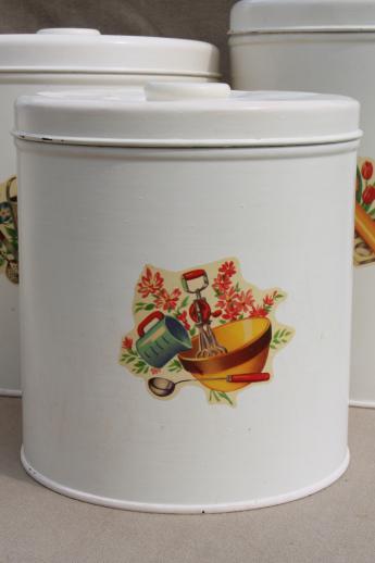 photo of vintage kitchen canisters, metal canister set, tins w/ cute retro decals #5