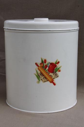 photo of vintage kitchen canisters, metal canister set, tins w/ cute retro decals #7