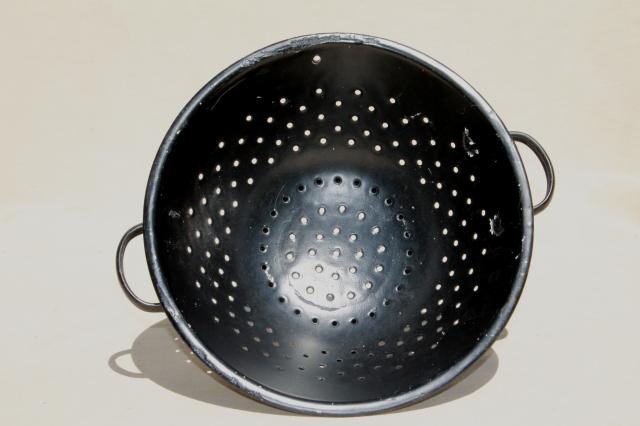 photo of vintage kitchen colander bowl strainer basket w/ primitive old black enamel #2