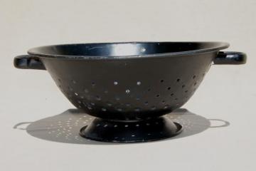 catalog photo of vintage kitchen colander bowl strainer basket w/ primitive old black enamel