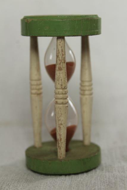 photo of vintage kitchen egg timer, 1920s or 1930s wood hourglass w/ jadite green & cream paint #3