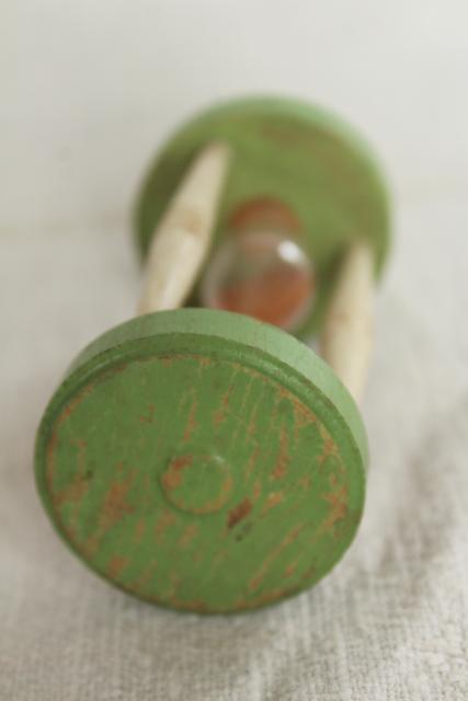 photo of vintage kitchen egg timer, 1920s or 1930s wood hourglass w/ jadite green & cream paint #5