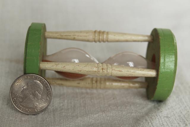 photo of vintage kitchen egg timer, 1920s or 1930s wood hourglass w/ jadite green & cream paint #6