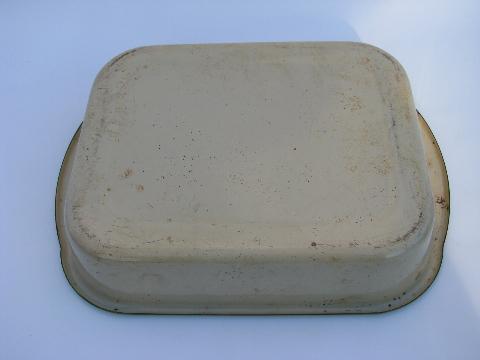 photo of vintage kitchen enamelware, tan / jadite green band baking pan, bowl #3