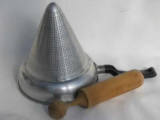 photo of vintage kitchen food mill / juicer, strainer sieve cone and wood masher #3