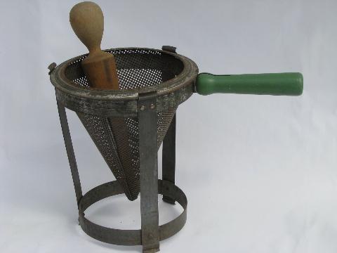 photo of vintage kitchen food mill, tripod stand strainer sieve cone/wood masher #1