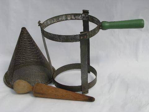 photo of vintage kitchen food mill, tripod stand strainer sieve cone/wood masher #2