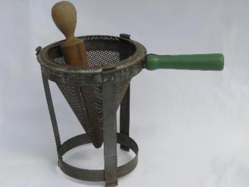 catalog photo of vintage kitchen food mill, tripod stand strainer sieve cone/wood masher