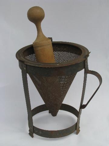 photo of vintage kitchen food mill, tripod stand strainer sieve cone/wood masher #1