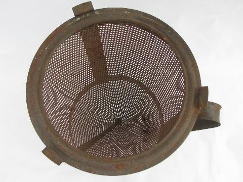 photo of vintage kitchen food mill, tripod stand strainer sieve cone/wood masher #4